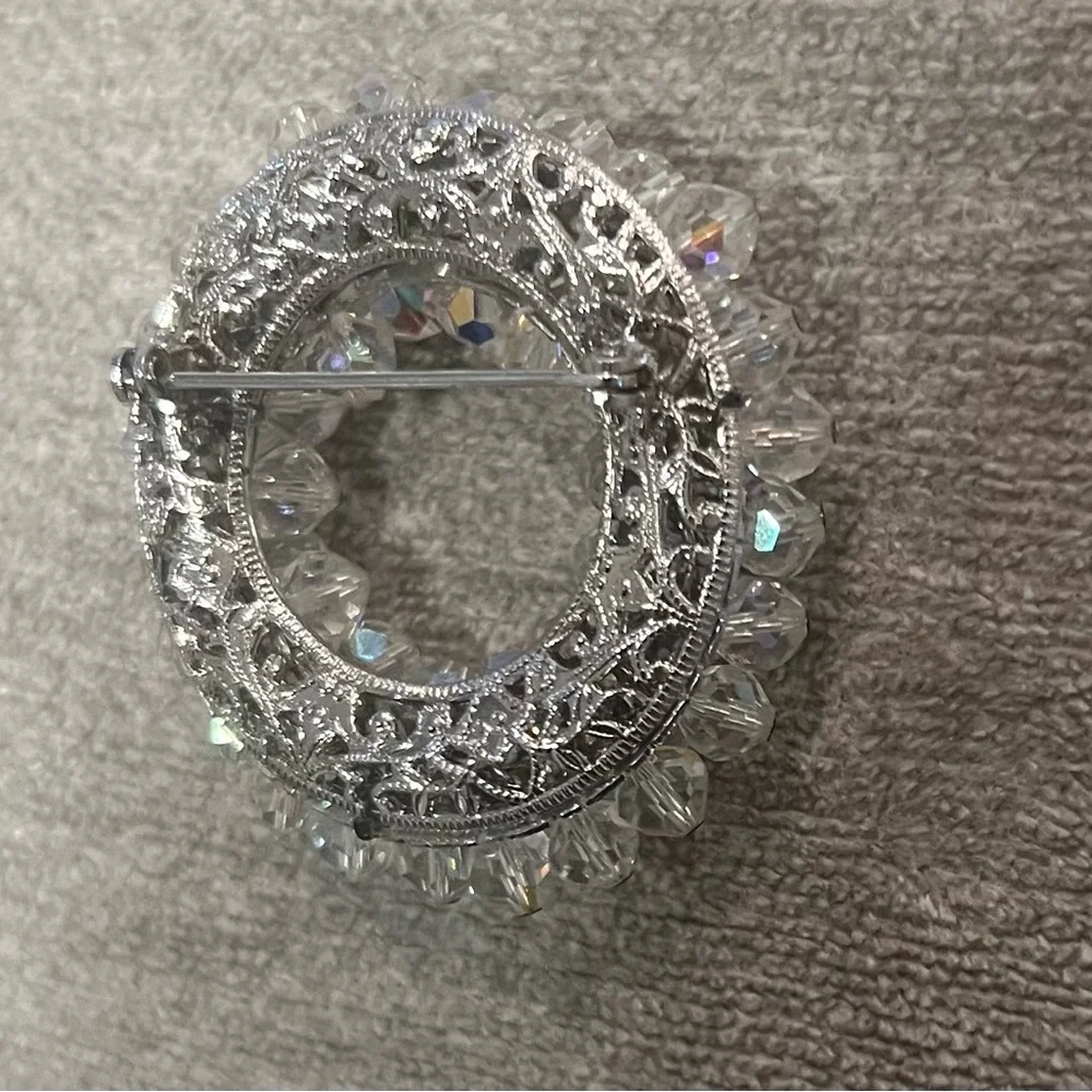 Vintage Clear Round Aura Borealis Crystal Silver Brooch